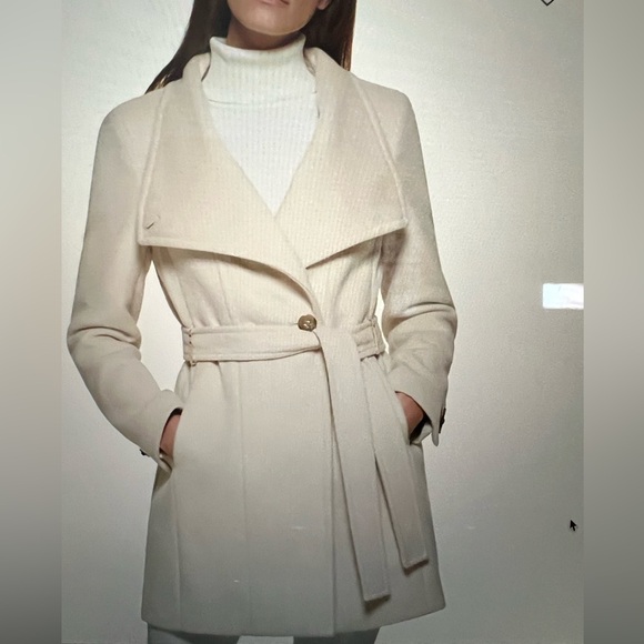 Calvin Klein Wool Shawl Coat women houndstooth M belted plaid khaki cream trench - Picture 3 of 13